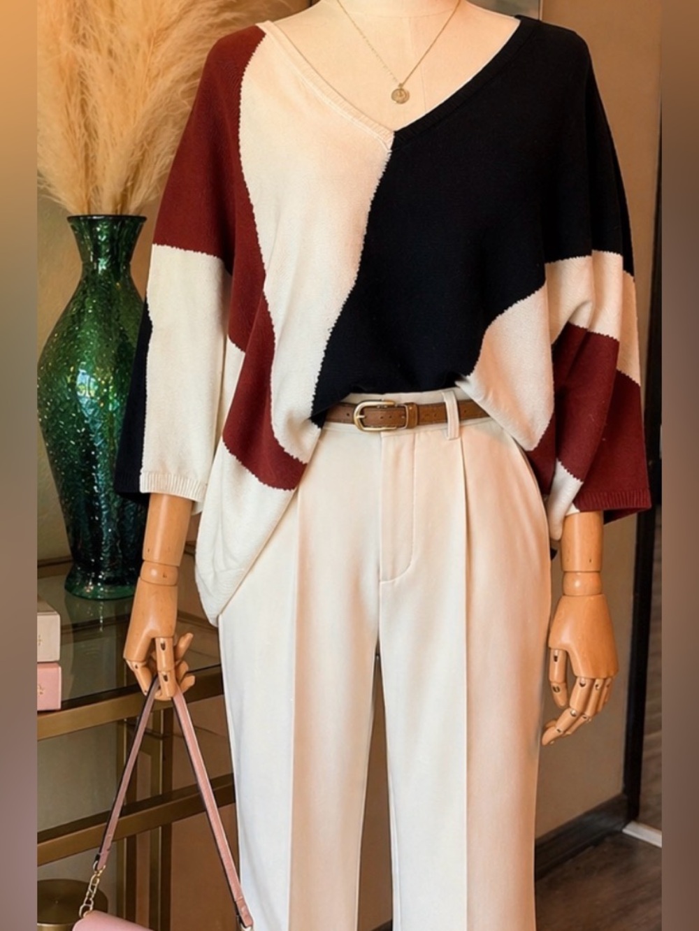 Chico's Off-the-Shoulder Colorblock Sweater in Black, White & Burgundy